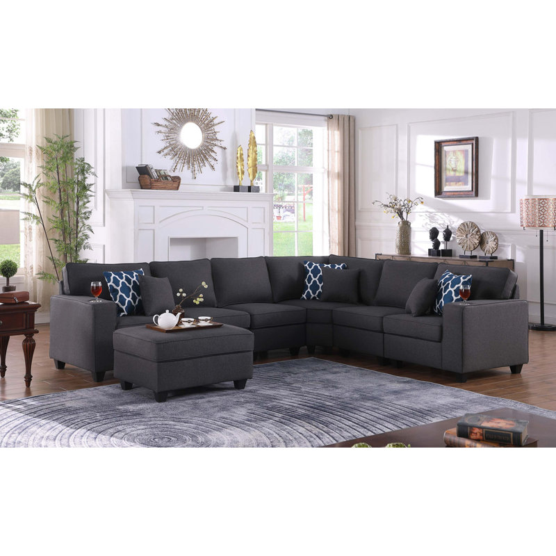 Canapé modulaire en L avec repose-pieds et porte-gobelet réversible en lin de 125 po 7 pièces Cooper