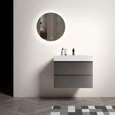 Meuble-lavabo de 30 po, gris: style moderne avec meuble-lavabo gris silencieux et à extension - fixation murale, glissières de tiroir et volume suffisant