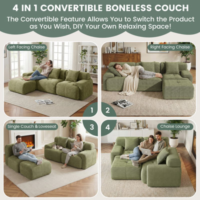 104-Inch Boneless Couch with Ottoman – Upholstered Modular Sectional Sofa Cloud Couch with Deep Seat and Pillows for Small Spaces – No Assembly Required, Green