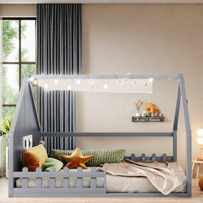 Aonghas Wood House Bed With Window, Fence And Led Design