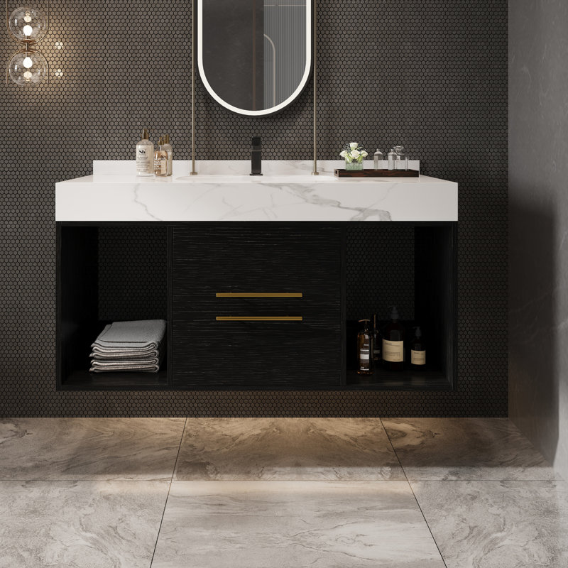 de salle de bain flottante de 3 pouces avec lavabo en céramique, 2 tiroirs, espaces de rangement et poignées modernes en métal
