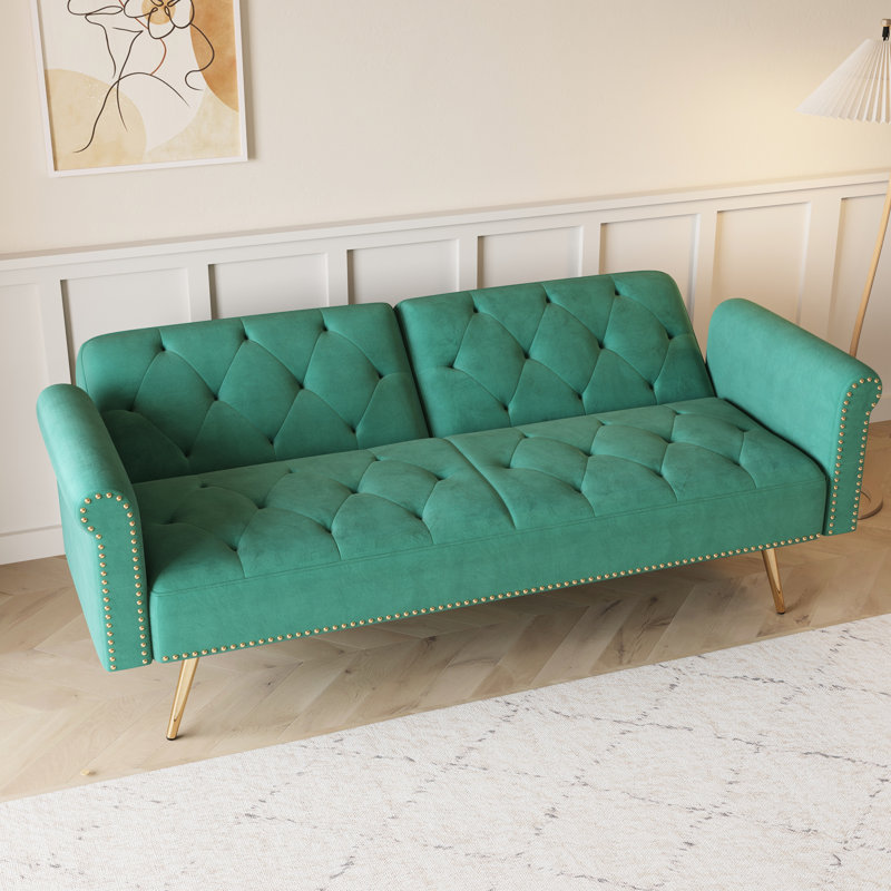Lit en velours de 69,7 pouces, solution de chambre à coucher moderne à 2 places, garniture cloutée, pieds en métal doré, rembourrage en éponge, assemblage avec lit de mesure facile, meubles, assemblage simple