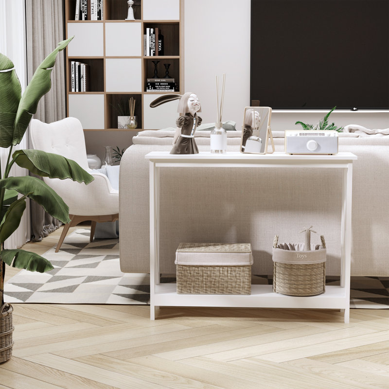 2-Tier Console Table, Sofa Side Table With Storage Shelf, X Design For Entryway, Living Room, And Hallway, White