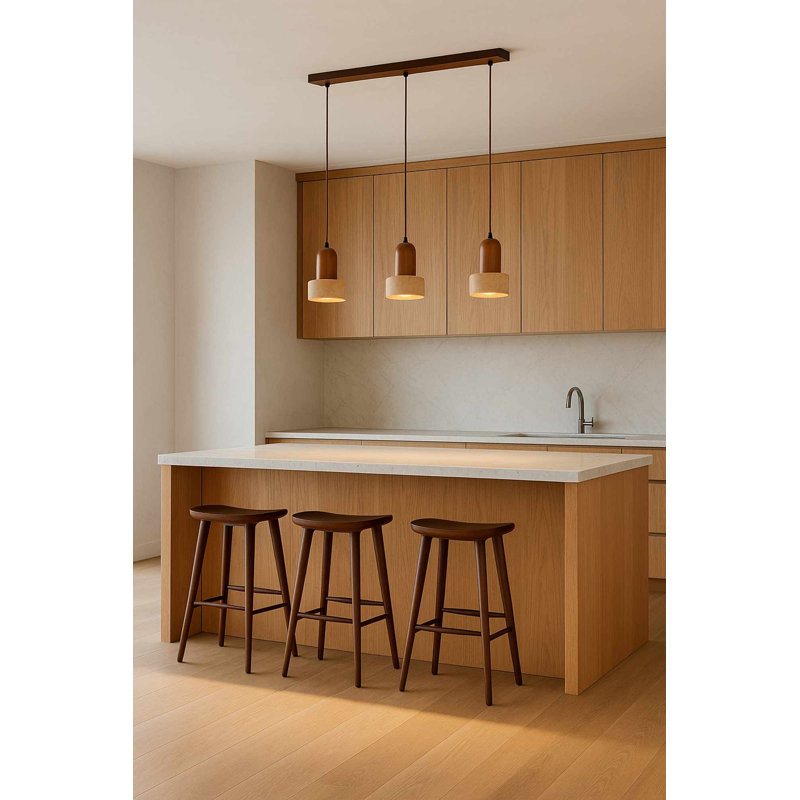 Lustre réglable élégant avec corps en bois et capuchon en travertin, 12 po x 7,5 po | Hauteur: 10 à 61 pouces | 3 x douilles E27 (40 W maximum) | Finition beige et noyer, parfaite pour les espaces de repas et de vie à la maison