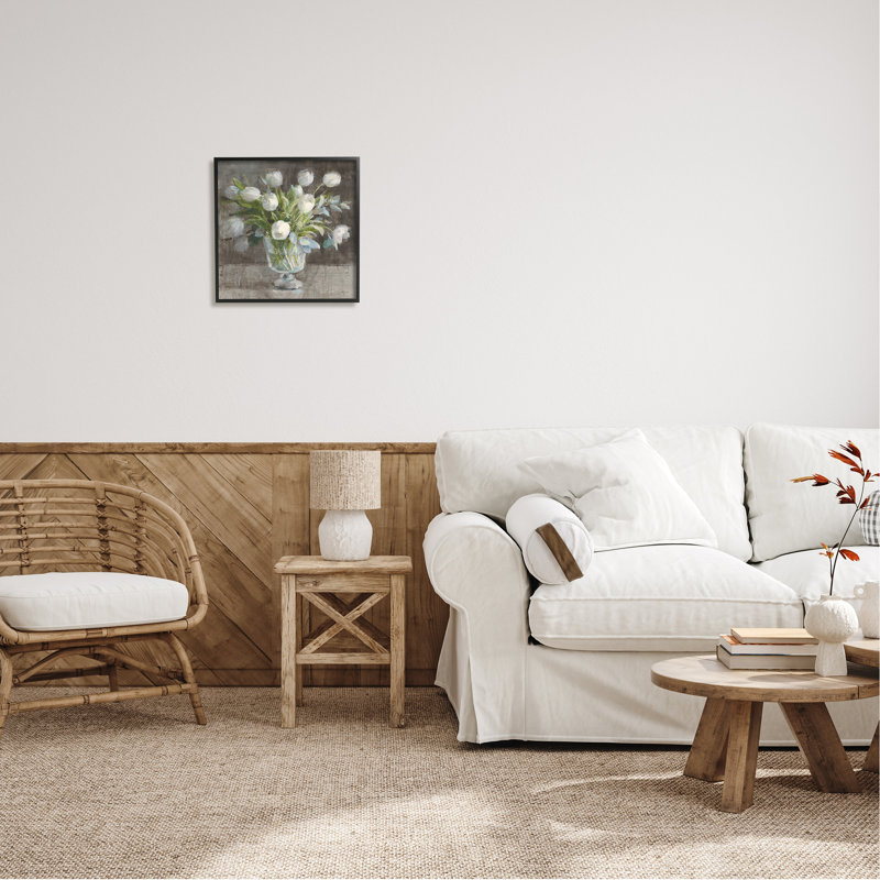 Vase rustique tulipe blanche par Danhui Nai, Giclée encadrée noir minuit, H 17 po x l 17 po x P 1,5 po