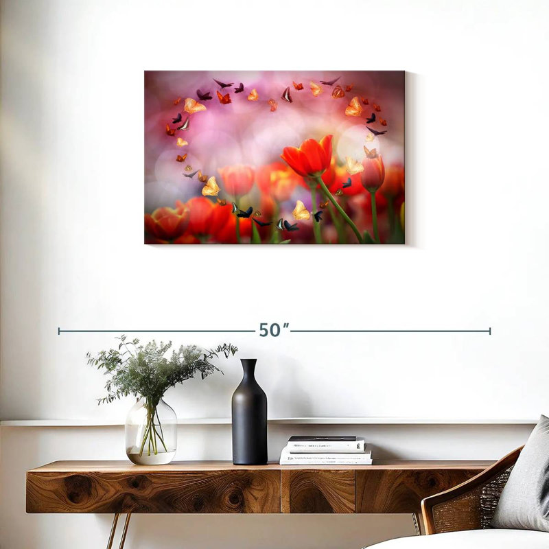 Hardie, tulipes et papillons, H 20 po x l 30 po