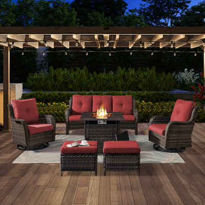 Schutt Wicker Rattan 5 Person Outdoor Seating Group with Fire Pit, Rocking Swivel Chairs, Sofa and Ottomans