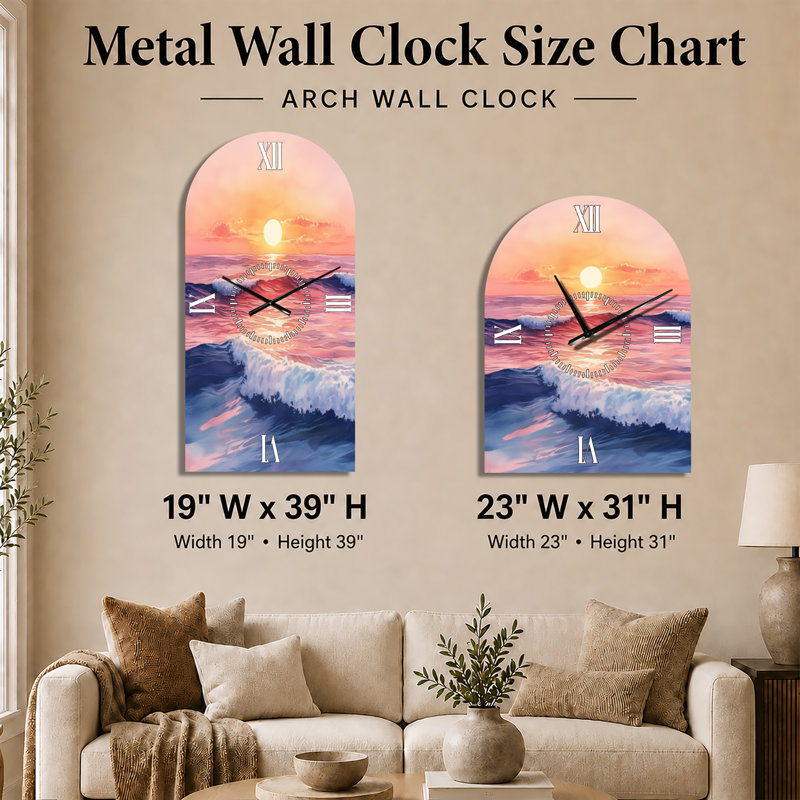 Horloge murale grand format en forme d'arche, style paysage, avec coucher de soleil doré sur l'océan.