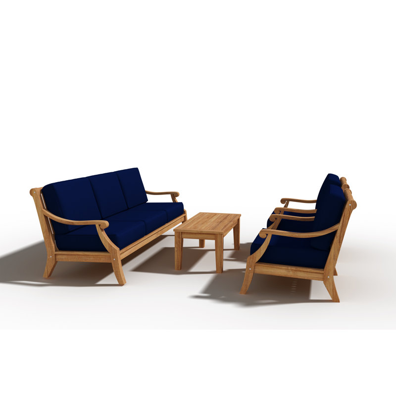 Adrien 4-Piece Teak Outdoor Patio Set with Navy Cushions