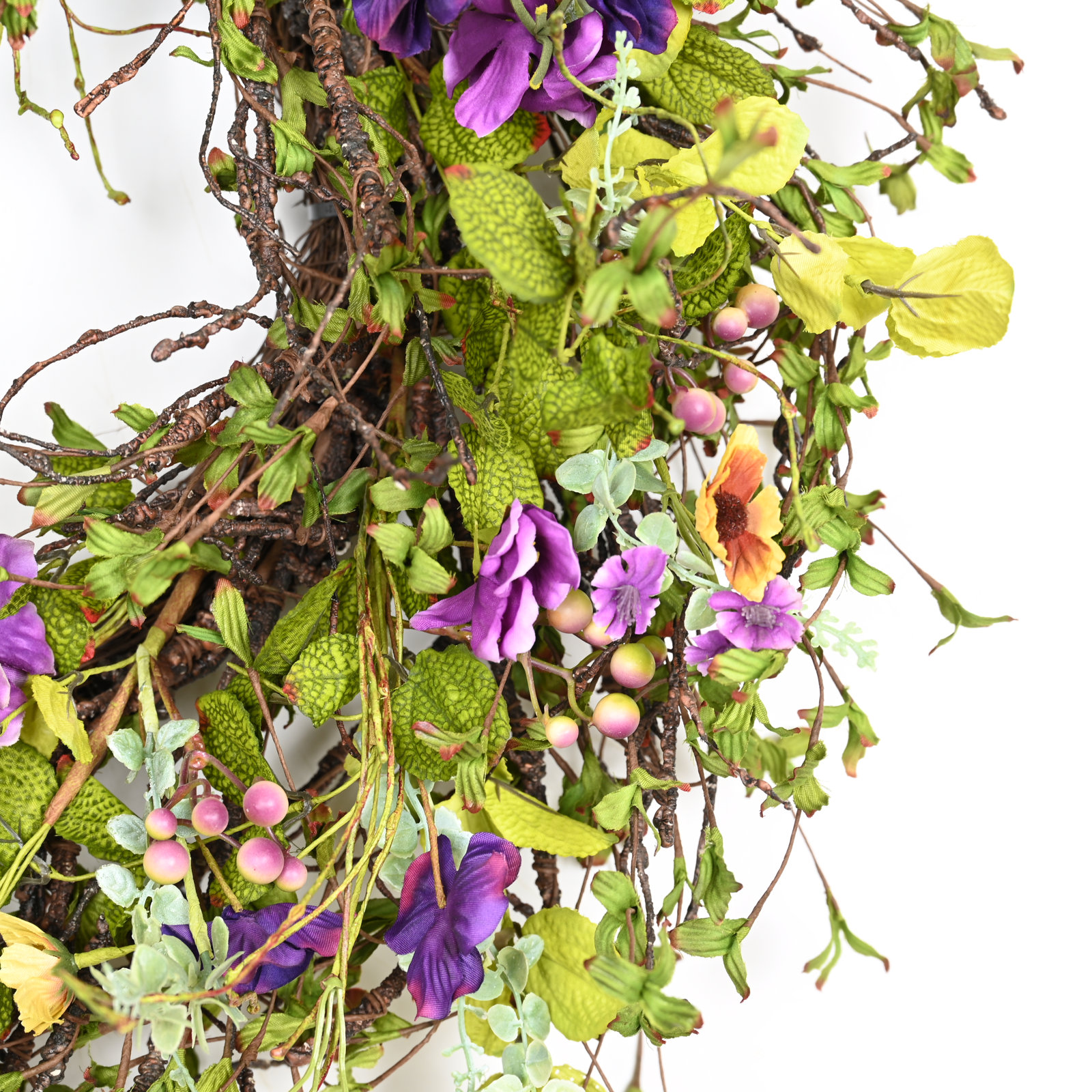 26" Artificial Farmhouse Twig Blossoms Cluster Greenery Mini Eucalyptus Berry Pansy Floral Spring Summer Wreath For Front Door