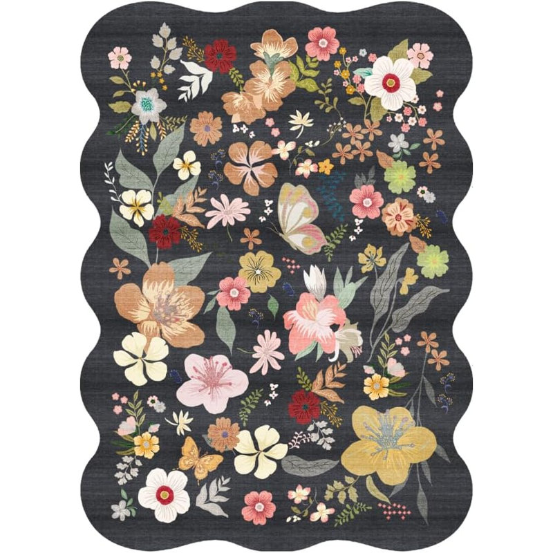 Washable Living Room Area Rug: Indoor Vintage Floral Large Bedroom Rugs Non-Slip Stain Resistant Low Pile Carpet for Kitchen Soft Thin Home Decor Floor Mat for Dining Room Nursery (Black)