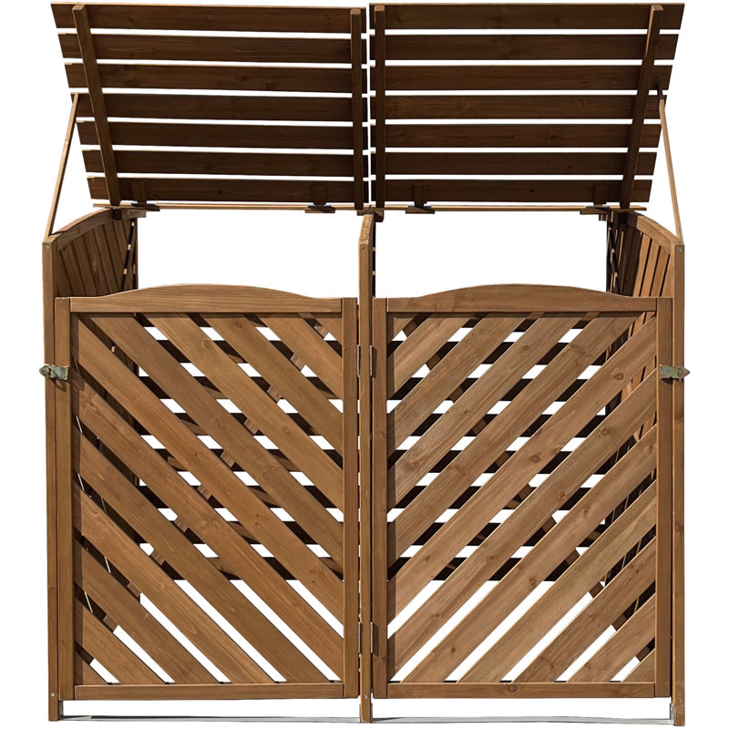 Brown Wooden Double Door Trash and Recyclables Bin Storage Shed