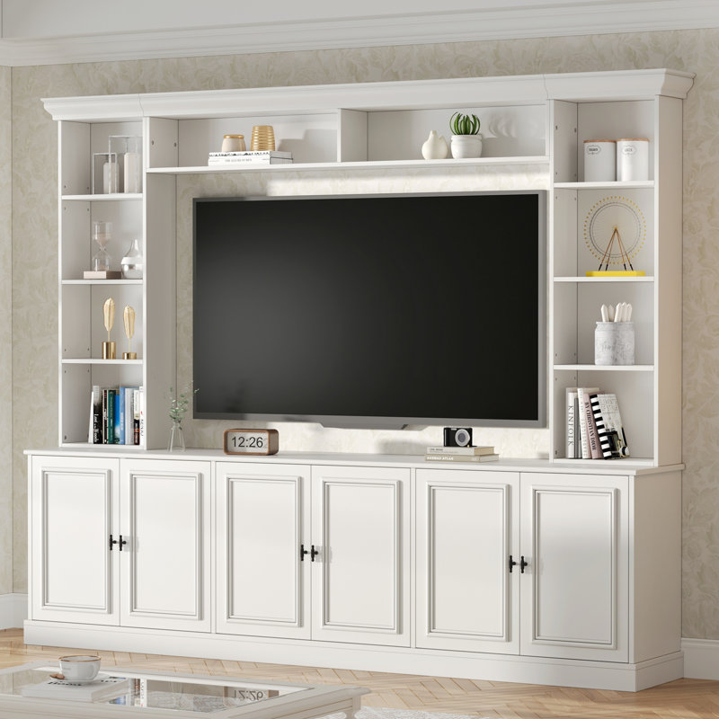 97.4" Mid-Century 4-Piece Entertainment Center with Adjustable TV Stand and Bookshelf for TVs Up to 70", White