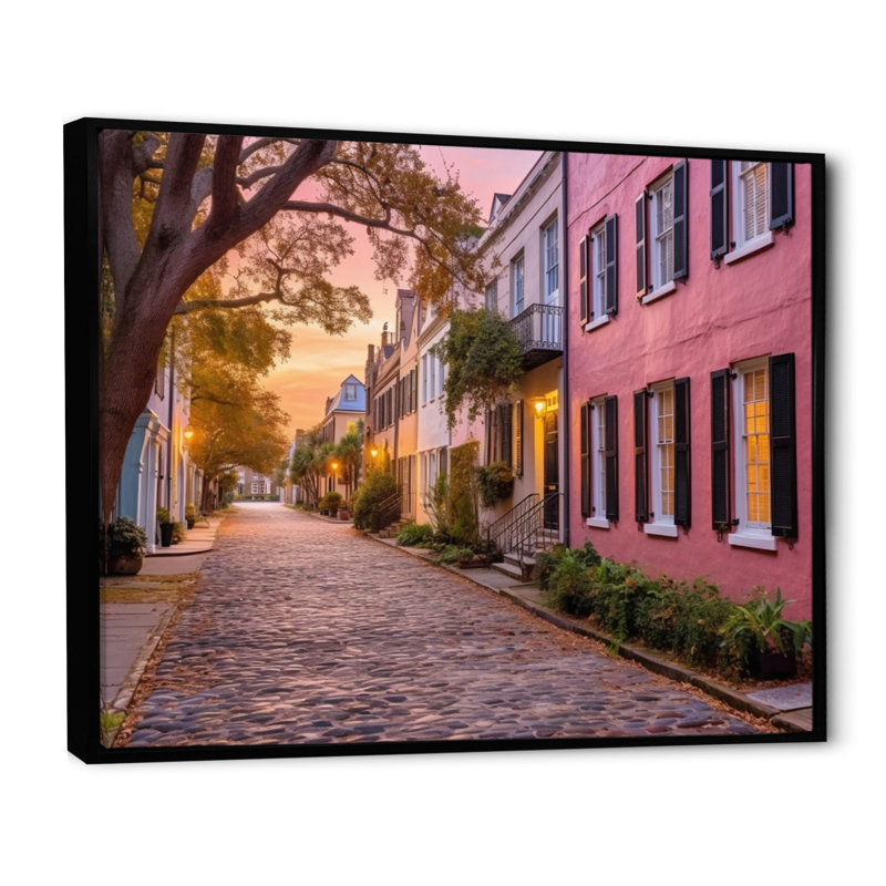Art mural de Caroline du Sud, charme historique de Charleston, 16" H x 32" W, Cadre flottant noir