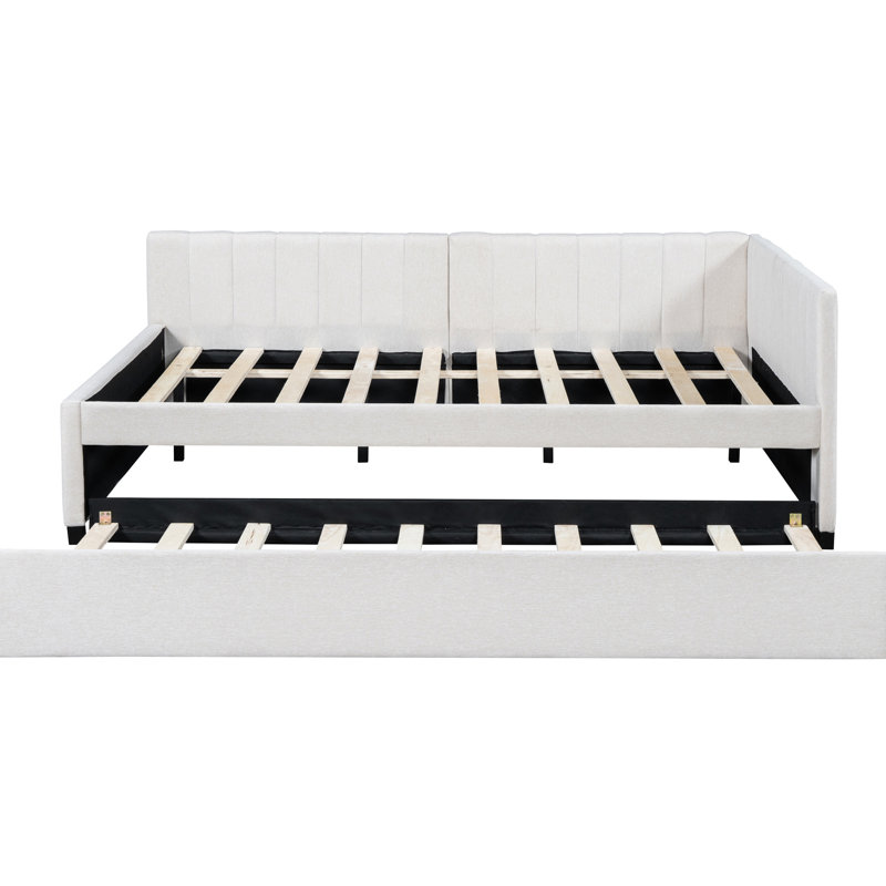 Full Size Daybed With Trundle And Linen Upholstery (beige), Modern Style Beige Trundle, Construction For Years Of Use, Beige