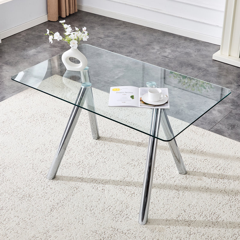 Table de salle à manger 51,2 po pour 6 personnes avec plateau en verre trempé et pieds en métal, Argent argent