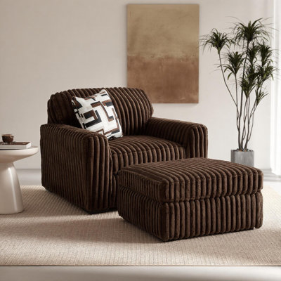 Corcoran Chair and Ottoman Set, Oversized Chair and Ottoman with Jumbo Corduroy Upholstery, Reversible Cushions, Chocolate