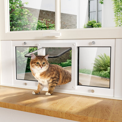Porte de fenêtre en aluminium pour chat pour chat - Insertion de porte pour chat horizontale, réglable pour s'adapter à une largeur de fenêtre de 23 po à 28 po, porte de fenêtre pour chat résistante aux intempéries avec 4 modes de verrouillage, fermeture magnétique, sans perceuse
