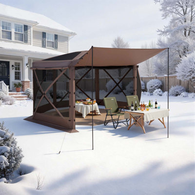 Tente escamotable avec abri de jardin, grande tente de camping à 6 côtés de 12 x 12 pi avec toit amovible et sac de transport, à fixation rapide et à l'épreuve des piqûres, abri de soleil pour maison de campagne pour 8 à 10 personnes, brun