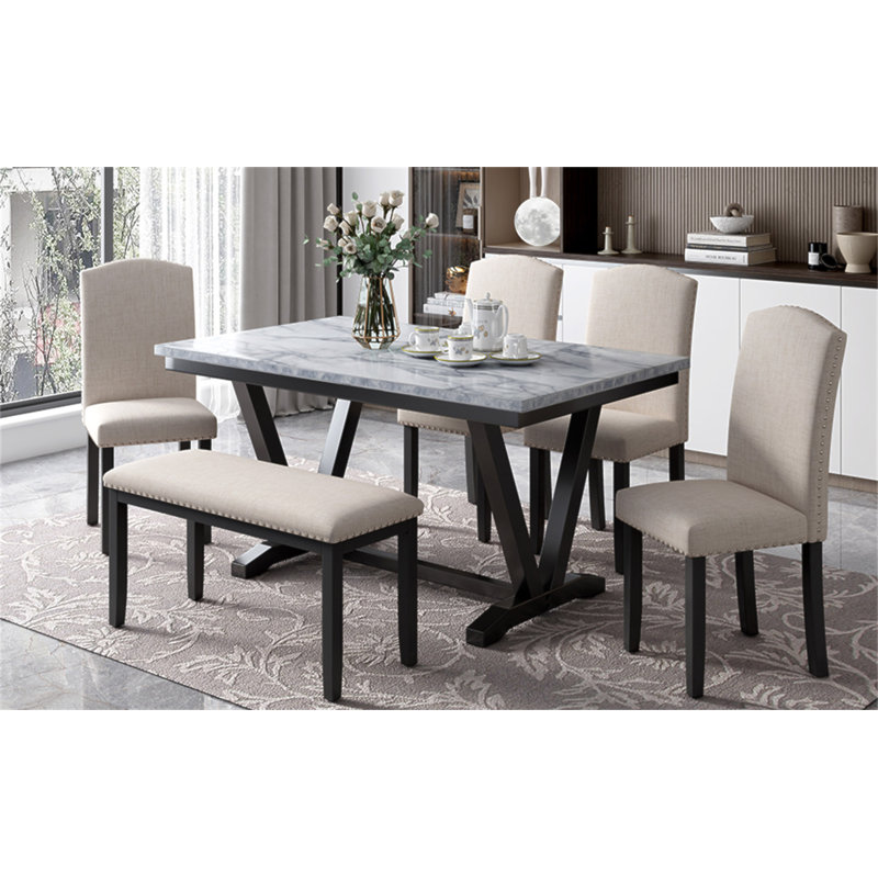Table de salle à manger de style moderne 6 pièces avec 4 chaises et 1 banc, table avec placages marbrés et pieds en V