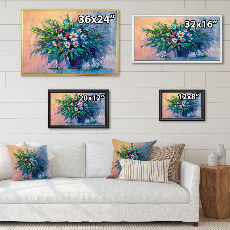 «Abstract Green Marguerite Flowers», reproduction sur toile flottante, H 12 po x l 20 po x P 1 po, Cadre flottant blanc