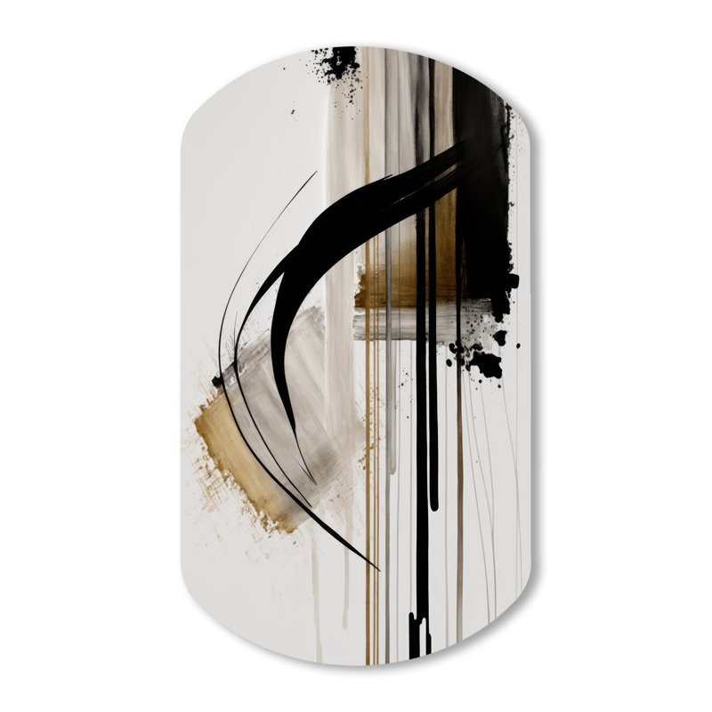 Black, White And Gold Expression I - Asymmetrical Abstract Metal Wall Decor, Cylinder Metal Wall Sculpture Print