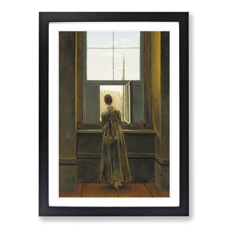 Woman at the Window by Caspar David Friedrich - Picture Frame Painting on MDF, Black Framed, 48cm H x 36cm W x 2cm D
