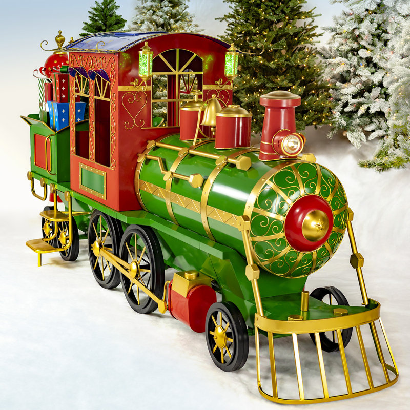 12.5ft. Large Antique Bronze Train with Cart & Lanterns "The North Pole Express"