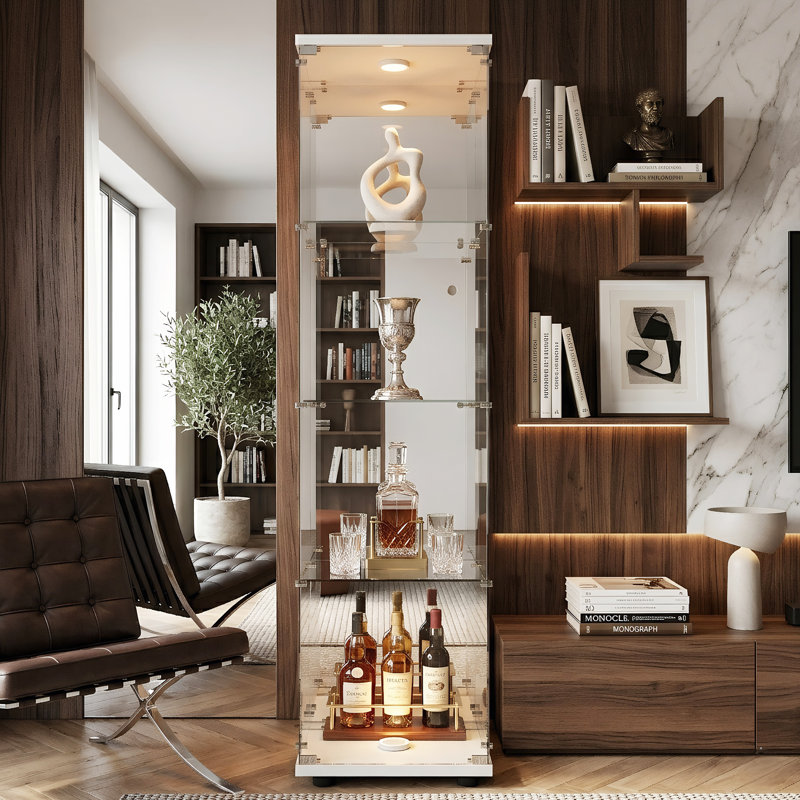 4-Tier Single Door Glass Display Cabinet with Mirrored Back & LED Lights,  Tall Curio Cabinet, Black / White, White
