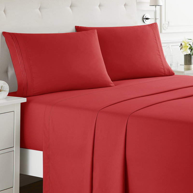  Ensemble de draps double brossé de luxe pour hôtel avec draps et taies d'oreiller très doux, Rouge cerise, Grand