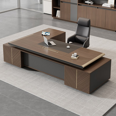 125.98"Brown L-shaped office desk with double-sided cabinets