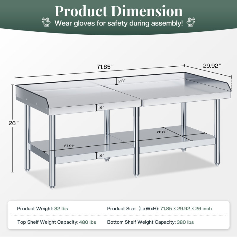 72" x 30" Stainless Steel Commercial Equipment Stand with Adjustable Undershelf, Leveling Feet and Backsplash