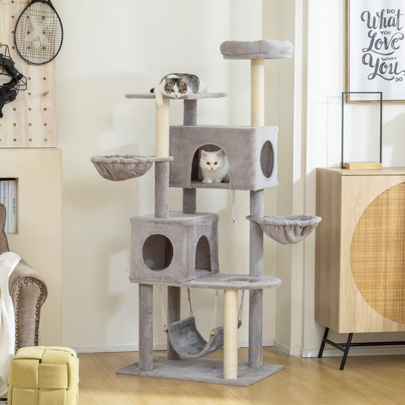 Arbre à chat 66 po avec 2 portes, 3 grands hamacs, gris clair, Gris clair