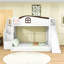 Lit superposé simple au-dessus d'un lit double en bois avec glissade, escalier de rangement et garde-robe-722216767