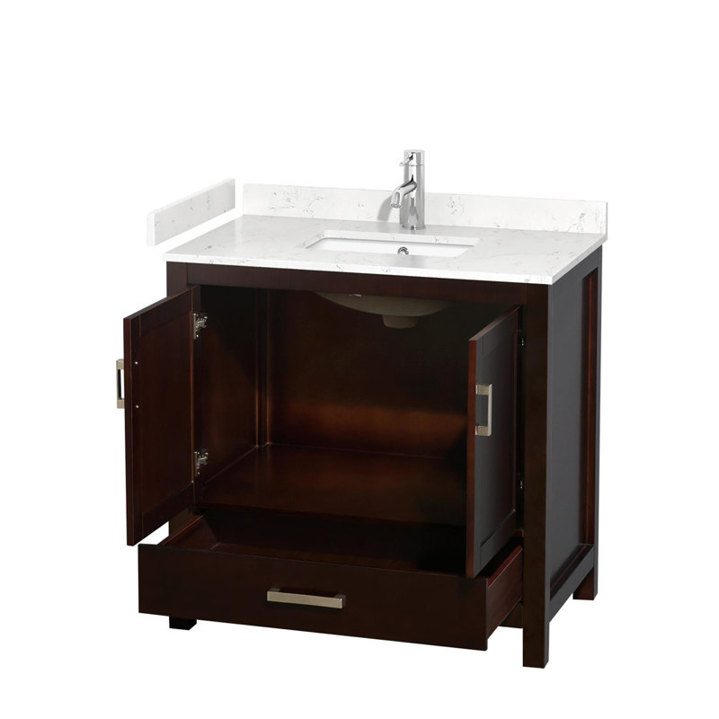 Meuble-lavabo simple avec plateau en marbre Sheffield, Marbre de culture de Carrare, Espresso, 36"