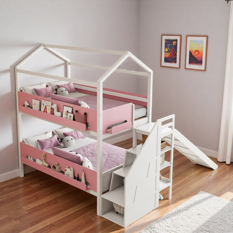 Lit superposé en forme de maison avec escalier de rangement, tablettes de présentation et glissade, Blanc / Rose