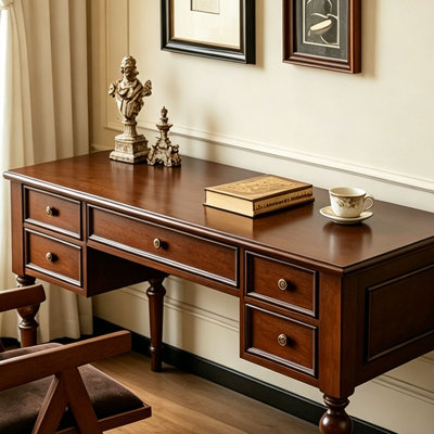 Nut-brown Rectangular Solid Wood Executive Desk with drawers desk