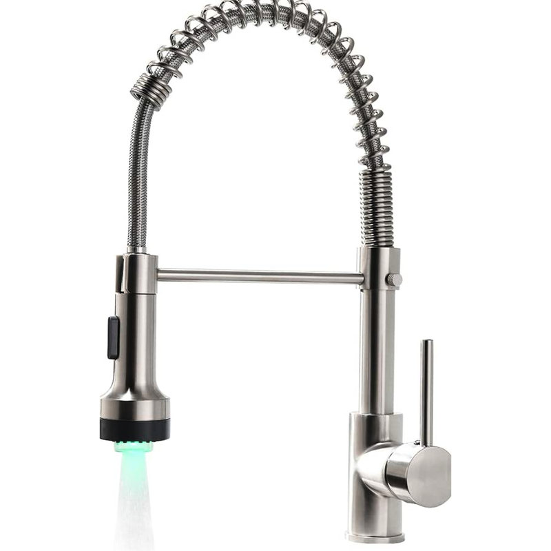 Robinet de cuisine à DEL avec douchette rétractable, nickel brossé, poignée simple, évier escamotable et évier de salle de bain, rotatif
