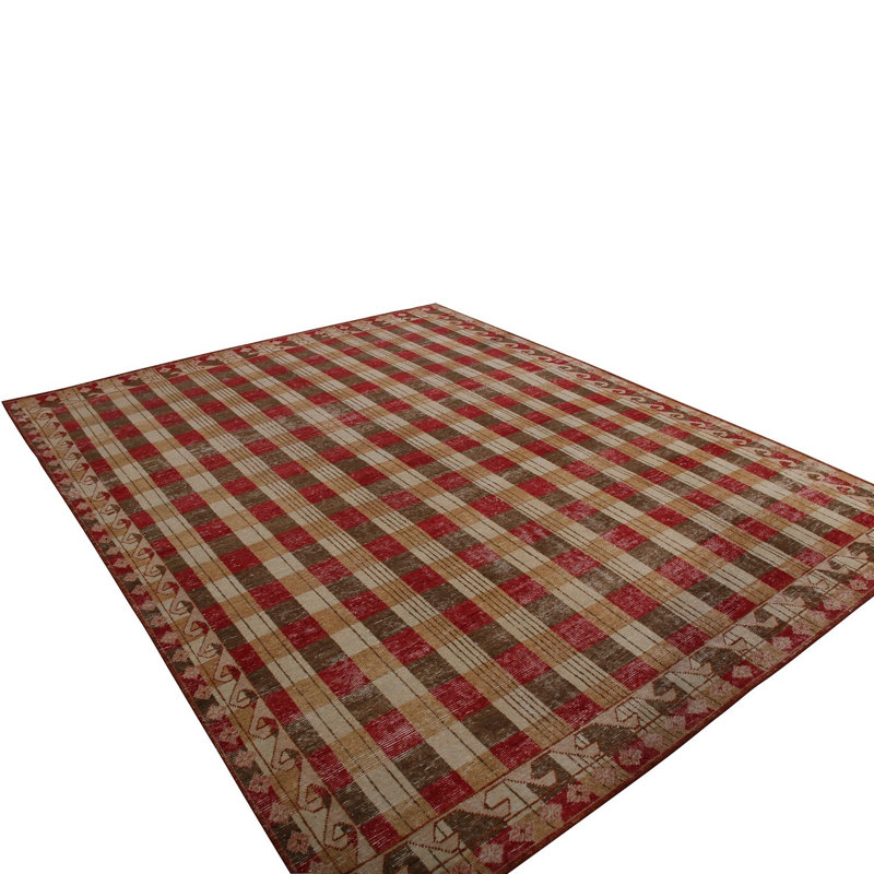 Rug & Kilim's Homage Geometric Beige Brown And Red Wool Custom Rug, Rectangle 8' x 10'