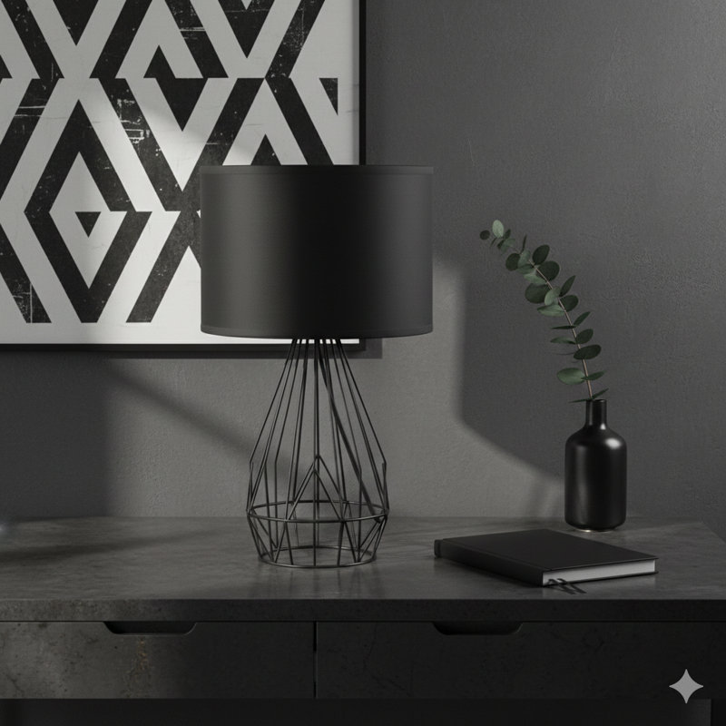 Lampe de table de style campagnard industriel de 17,5 pouces en noir, avec une cage en métal