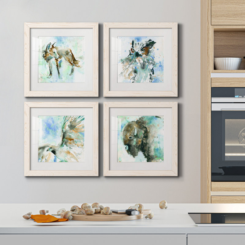 Fox on Blue - Ensemble de 4 peintures sur toiles encadrées, Cadre blanc, H 31,5 po x l 126 po x P 1,5 po