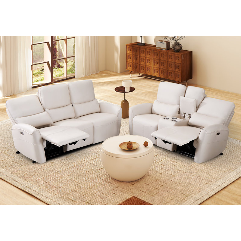 Ensemble de salon inclinable électrique en microfibre 2 pièces avec console et bandes lumineuses ambiantes Roland, White