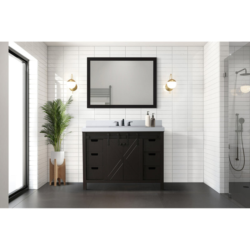 Meuble-lavabo brun de l 48 po x P 22 po avec comptoir en quartz blanc et robinet - teinture grattée, fermeture en douceur, grand espace de rangement avec armoire, résistance des tiroirs de l'armoire intérieure, tablette ouverte