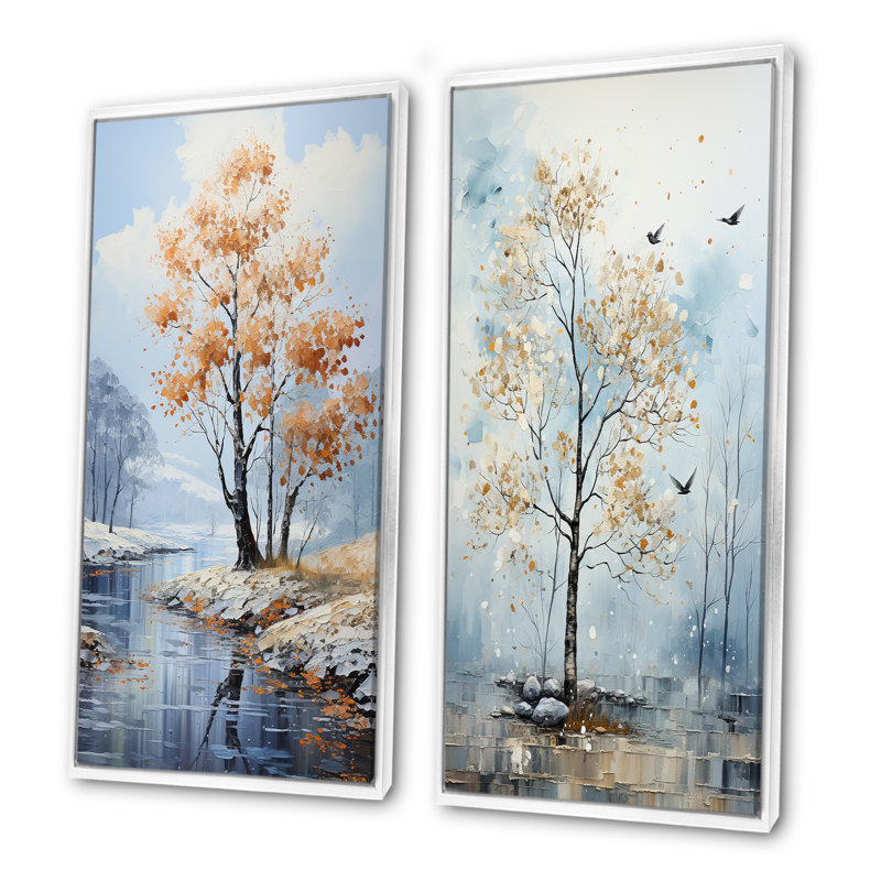 Doux tons de bleu érable - arbre érable, ensemble de 2 reproductions d'art sur toile, H 40 po x l 41 po, Cadre flottant blanc