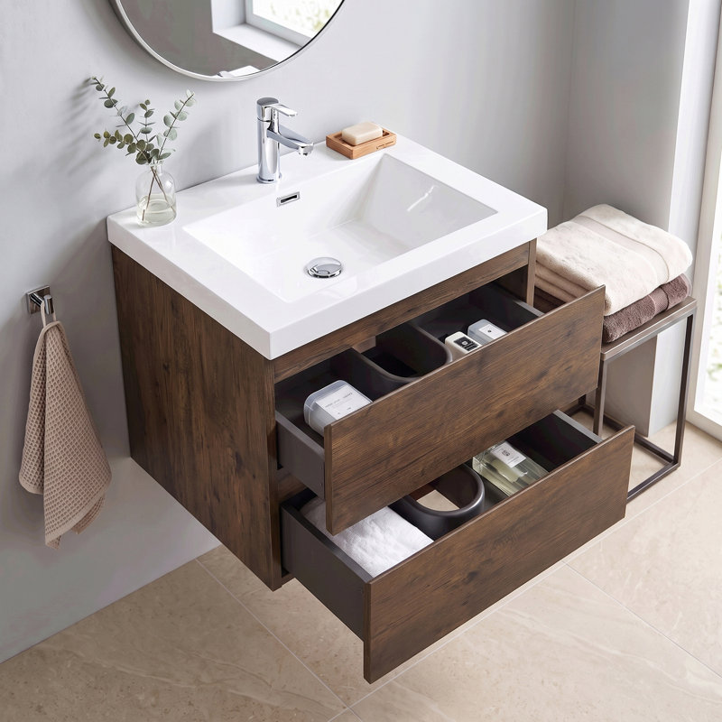 24" Floating Wall‑Mount Bathroom Vanity, Wood Melamine Cabinet with Resin & Calcium Carbonate Integrated Sink, Walnut