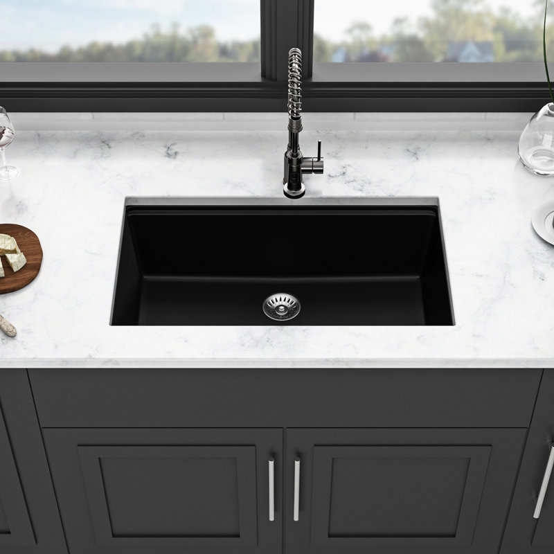 30X19" Granite Composite Kitchen Sink Black - Quartz Undermount Workstation Noise Reduction Feature, Black