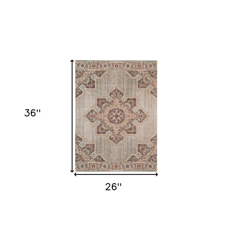 Tapis beige tissé à la machine à médaillon 2 pi x 3 pi avec frange