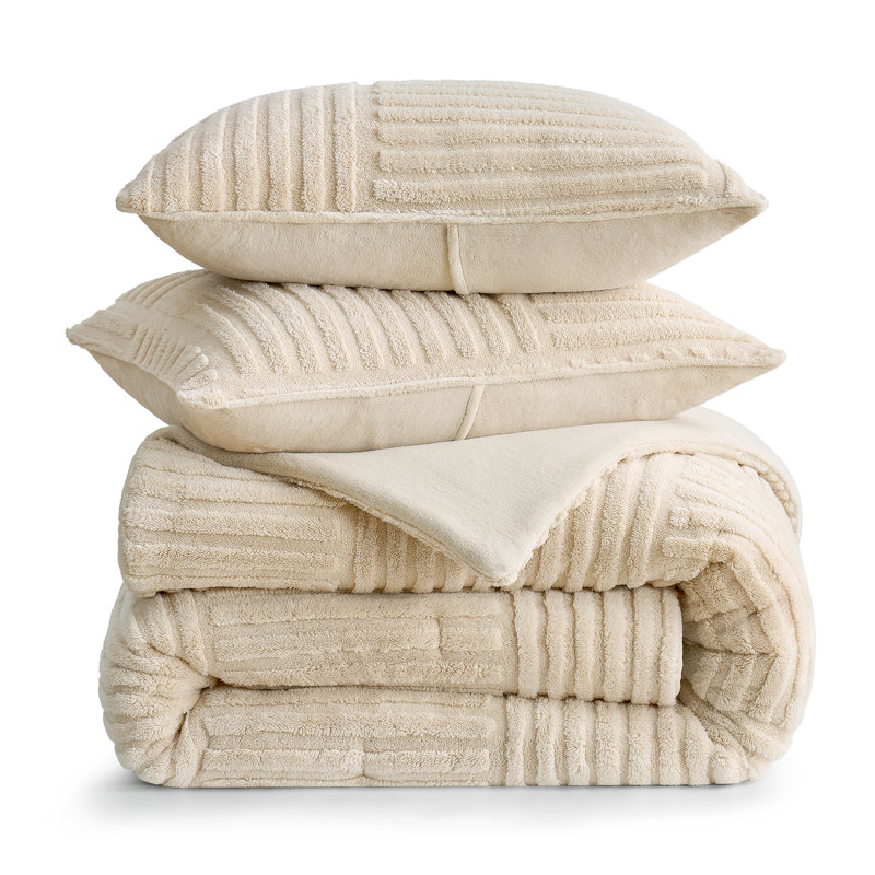 Stripe Patchwork Pattern Fluffy Sherpa Comforter Set For Winter, Khaki, Queen Comforter + 2 Standard Pillowcases, Khaki