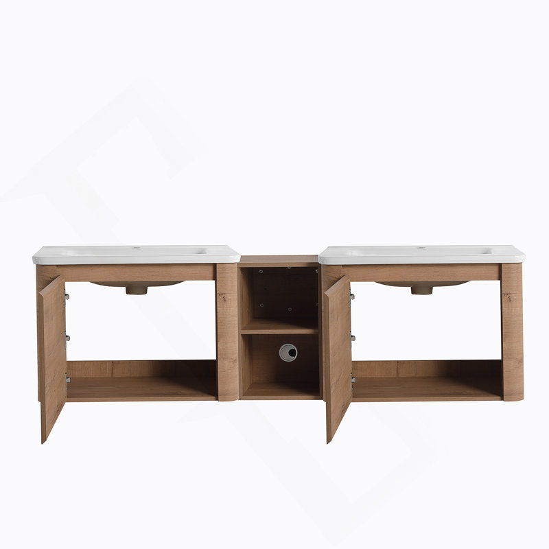 Meuble-lavabo mural de 68 po avec lavabo en céramique blanche et tablettes de rangement et 1 porte à fermeture en douceur, emballage KD, contreplaqué