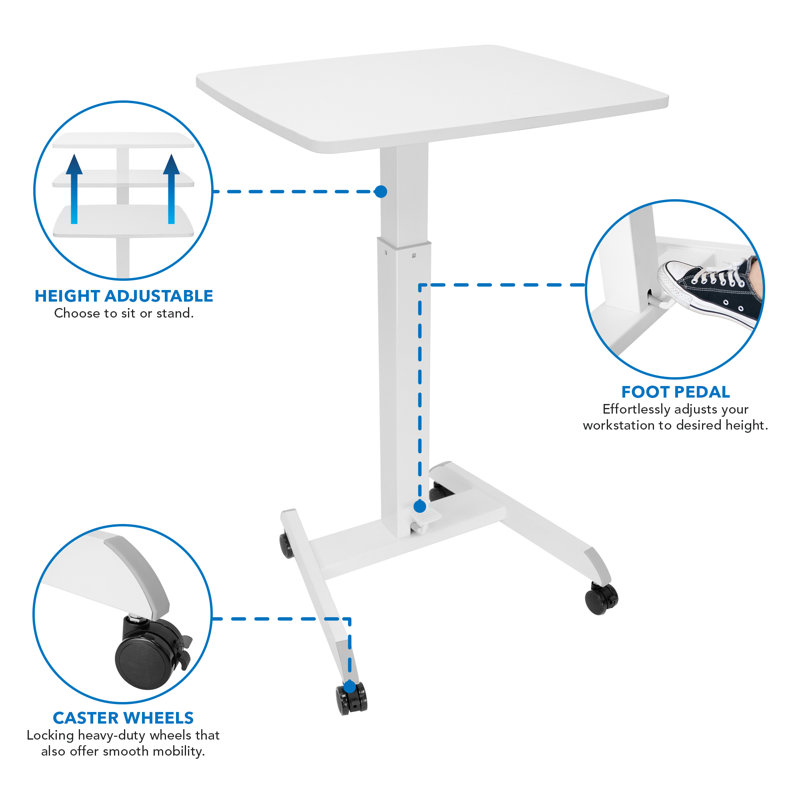 White Adjustable Height Rolling Laptop Cart with Pneumatic Lift